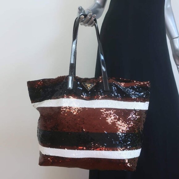Prada Sequined Striped Tote Brown/Black Extra Large Shoulder Bag - Picture 1 of 13